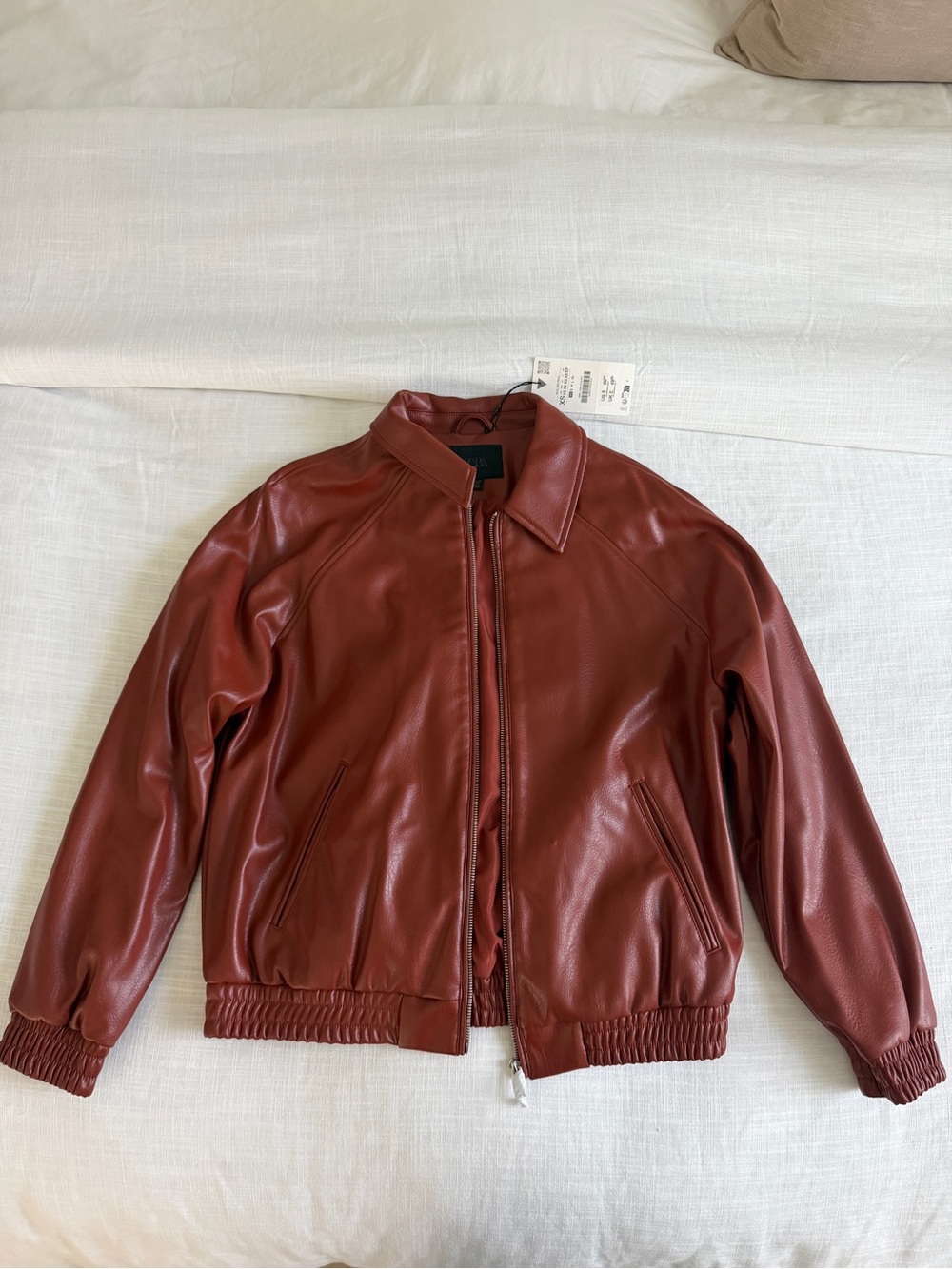 Zara Brick-Red Leather Bomber Jacket NWT